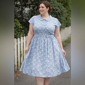 Joanie x Horrockses Tulip Print Tea Dress Blue Cottagecore Peter Pan Collar 14